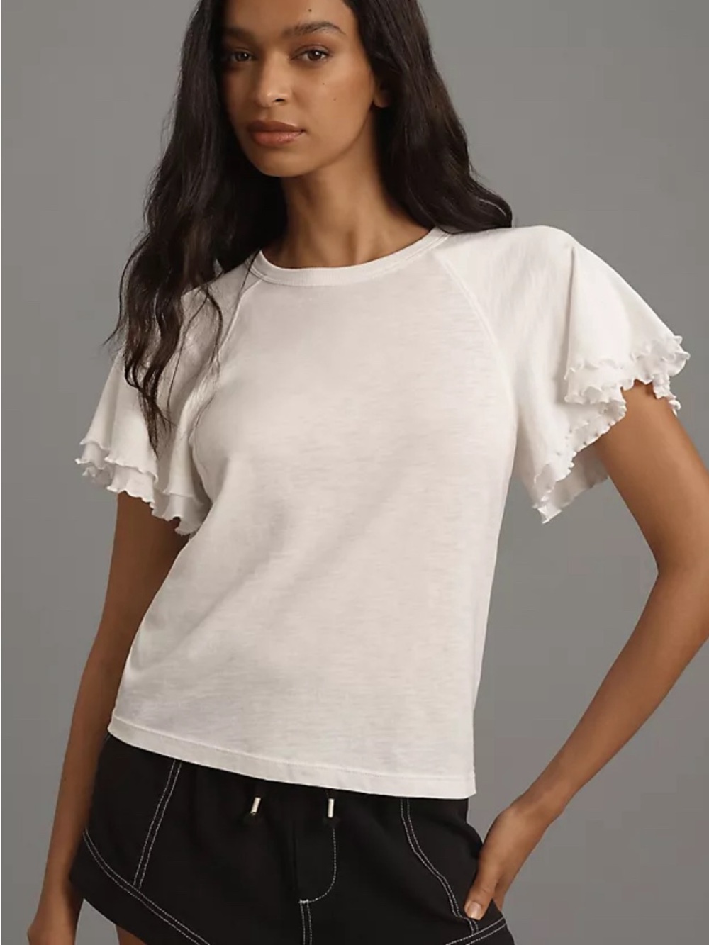 Nation LTD White Ruffle Sleeve Crewneck Tee